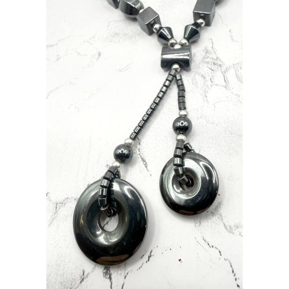 Hematite Bead Necklace Drop Pendant Gunmetal Gray 16" Barrel Clasp‎